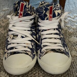 Prada Navy Blue and White Floral High-Top Sneakers